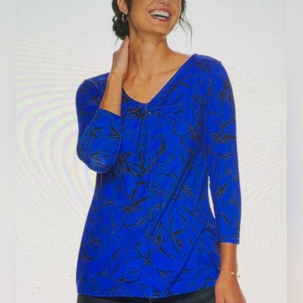 Apt 9 Blue 3/4 Sleeve Twist Knot V Neck Top with Black Floral Print M